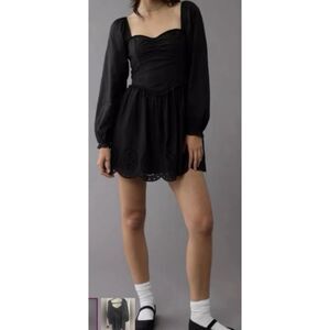 American Eagle Outfitters Black Puff-Sleeve Eyelet Mini Dress Sz Small Cotton